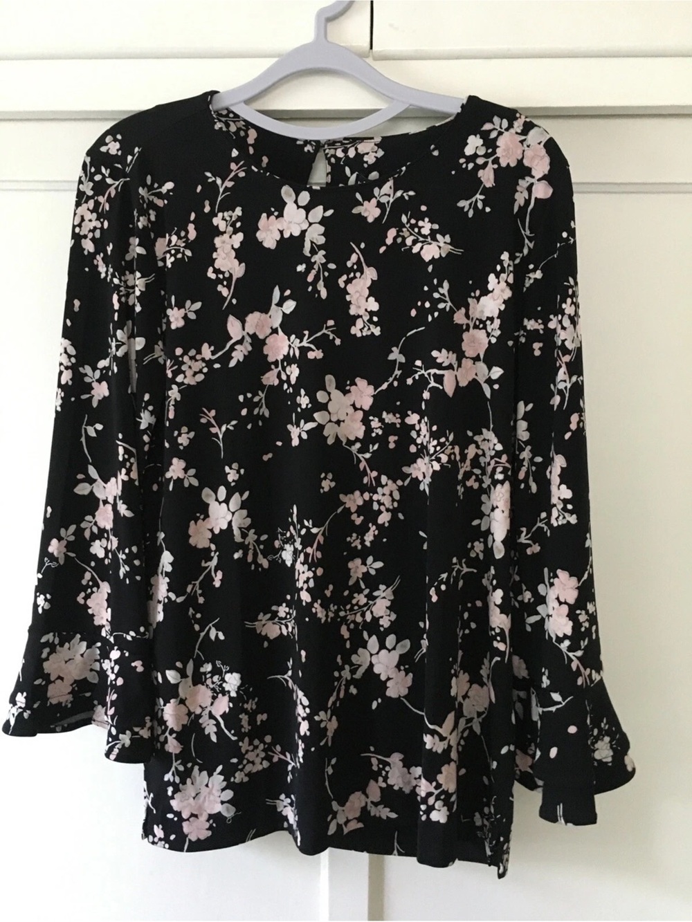 Karl Lagerfeld Black Floral Long-Sleeve Blouse with Pink Blossom Print Sz S